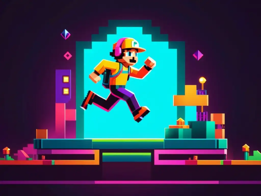 Pixel art vibrante: aventura indie desafiante Un pixelado personaje salta en un nivel desafiante, recogiendo powerups en un emocionante juego indie