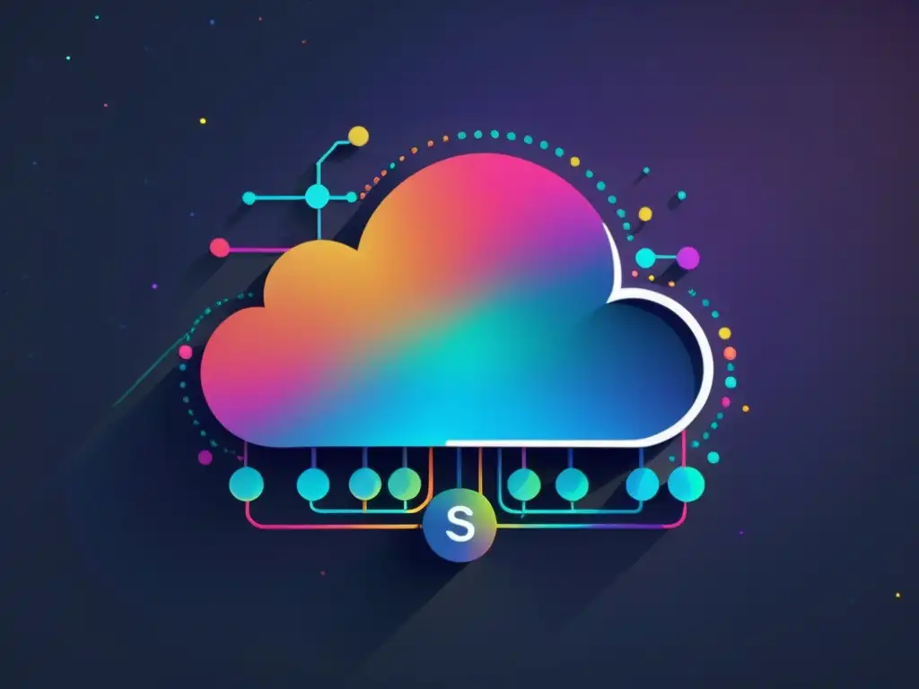 Plataforma de computación en la nube: Futurista, vibrante y eficiente Una plataforma de análisis predictivo en la nube, con nodos interconectados y flujos de datos en colores vibrantes, sobre un fondo estrellado