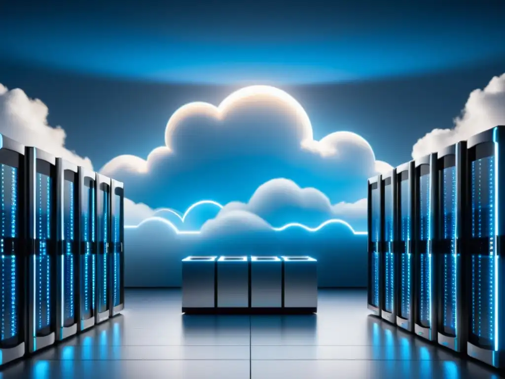 Infraestructura de computación en la nube: Futurista y cautivadora Plataformas de análisis predictivo en la nube: Imagen impactante de infraestructura informática futurista con servidores iluminados en azul