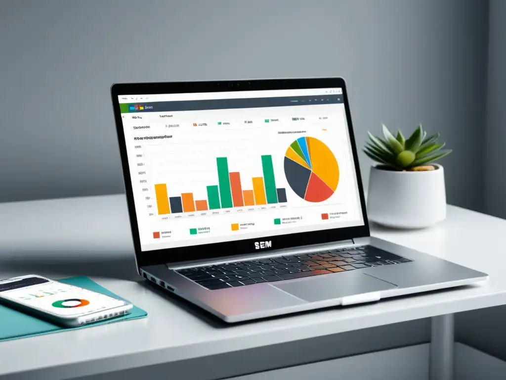 Dashboard SEM impactante para software Portátil moderno en escritorio blanco con dashboard SEM para software menos conocido