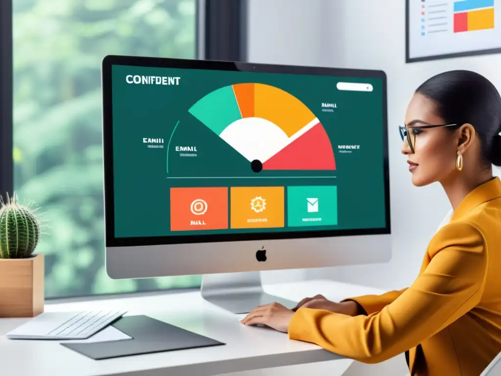 Optimización experta de email marketing Un profesional enfocado en plataformas de email marketing con flujos de trabajo, creando contenido vibrante y eficiente