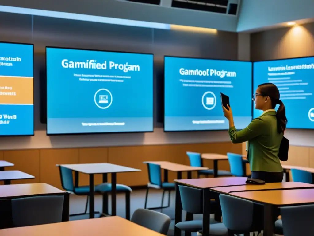 Clase interactiva con gamificación y avatares personalizados 'Profesor guía a estudiantes en programa de elearning menos conocido, con avatares personalizados y contenido educativo animado