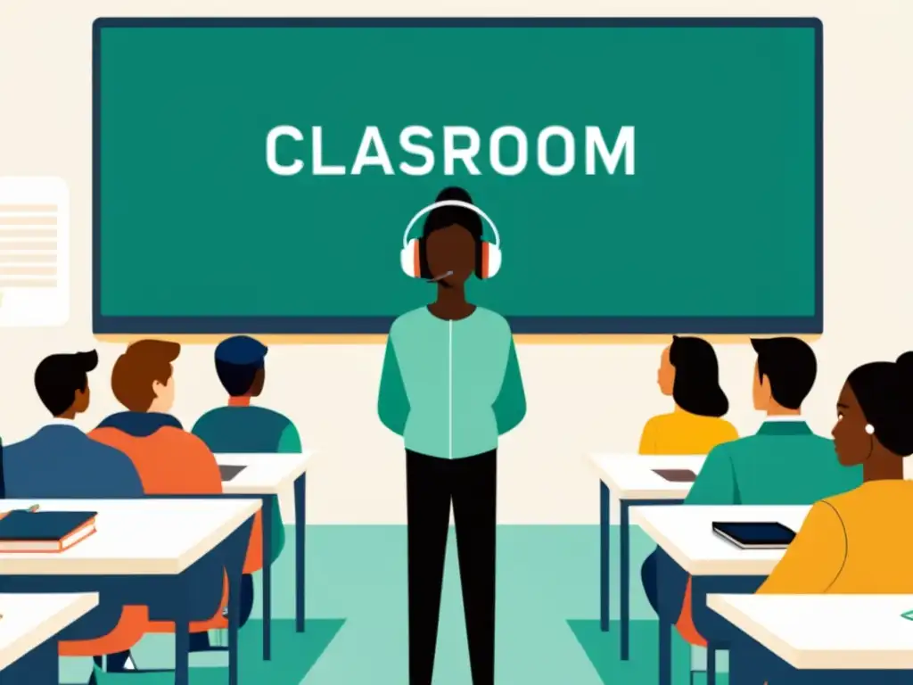Educación digital ética: diversidad en aula Profesor guía observa estudiantes con software análisis predictivo educación en aula minimalista