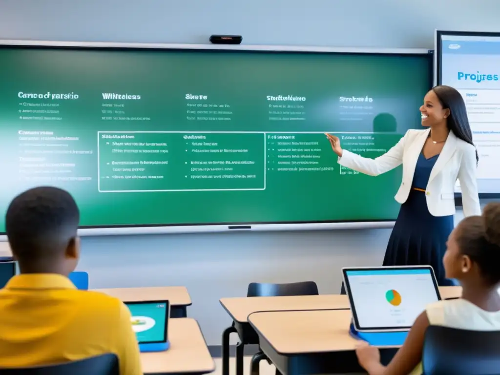 Clase innovadora: software de análisis predictivo personaliza la educación Profesor con software análisis predictivo educación crea experiencias personalizadas para estudiantes en aula innovadora