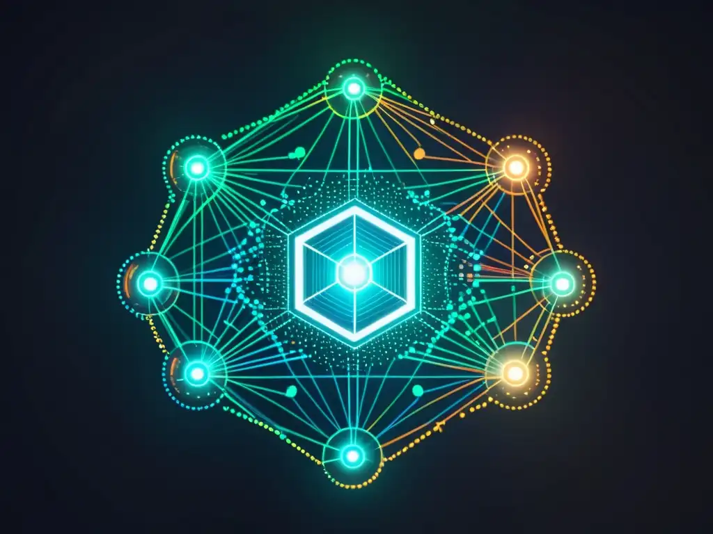 Red de blockchain futurista transparente en closeup Una red blockchain transparente y futurista con nodos interconectados y flujos de datos brillantes