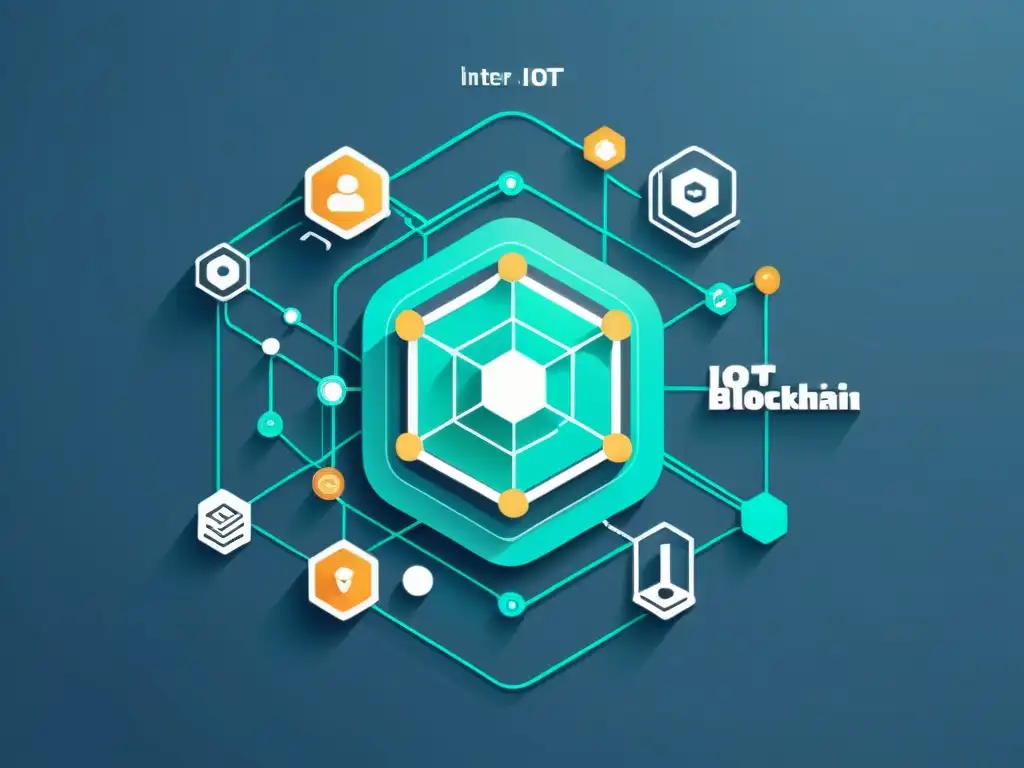Ilustración futurista de dispositivos IoT y blockchain interconectados Red de dispositivos IoT conectados a través de tecnología blockchain, creando una atmósfera futurista y segura