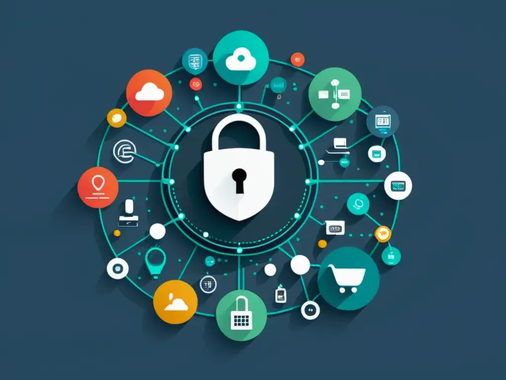 IoT seguro: red minimalista de dispositivos interconectados Red de dispositivos IoT con seguridad, destacando cerraduras, escudos y datos encriptados