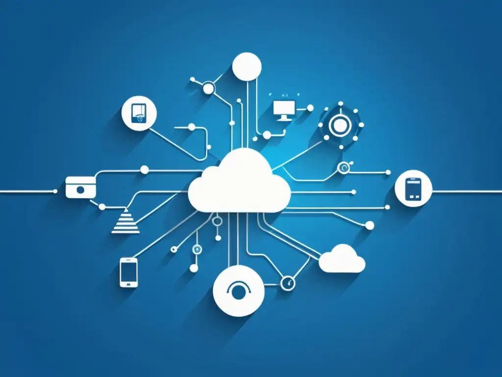 Red de dispositivos IoT: Seguridad y eficiencia Red interconectada de dispositivos IoT con flujo de datos, reflejando la eficiencia y seguridad del Software para auditorías de seguridad IoT