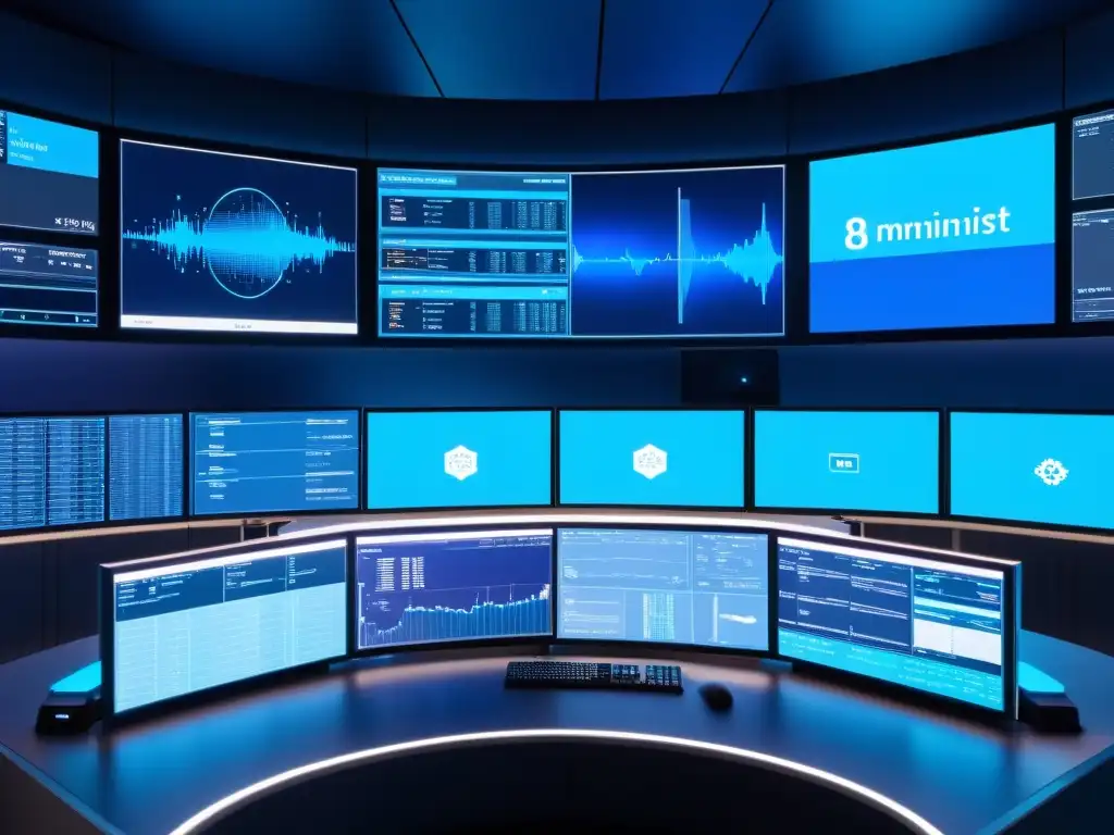 Sala de control futurista con monitores de datos en 8k Una sala de control futurista con monitores mostrando datos en tiempo real, bañada en luz azul