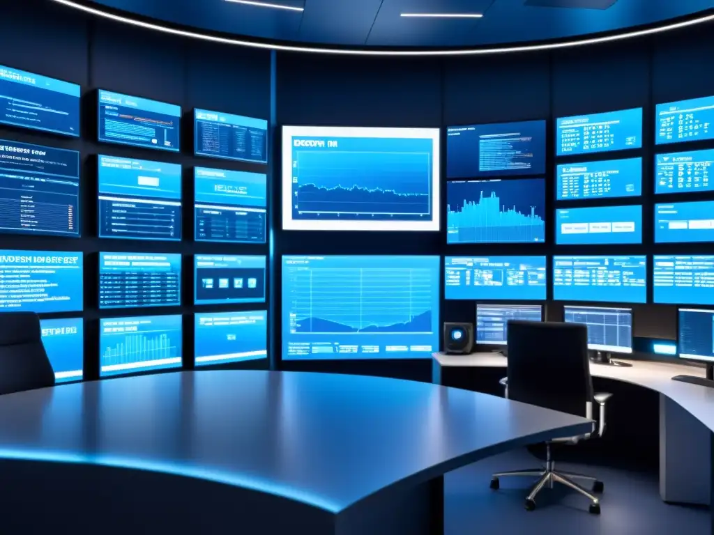 Sala de control IT futurista con monitores de alta resolución en azul suave Una sala de control de TI moderna y minimalista con monitores de alta resolución mostrando análisis de datos