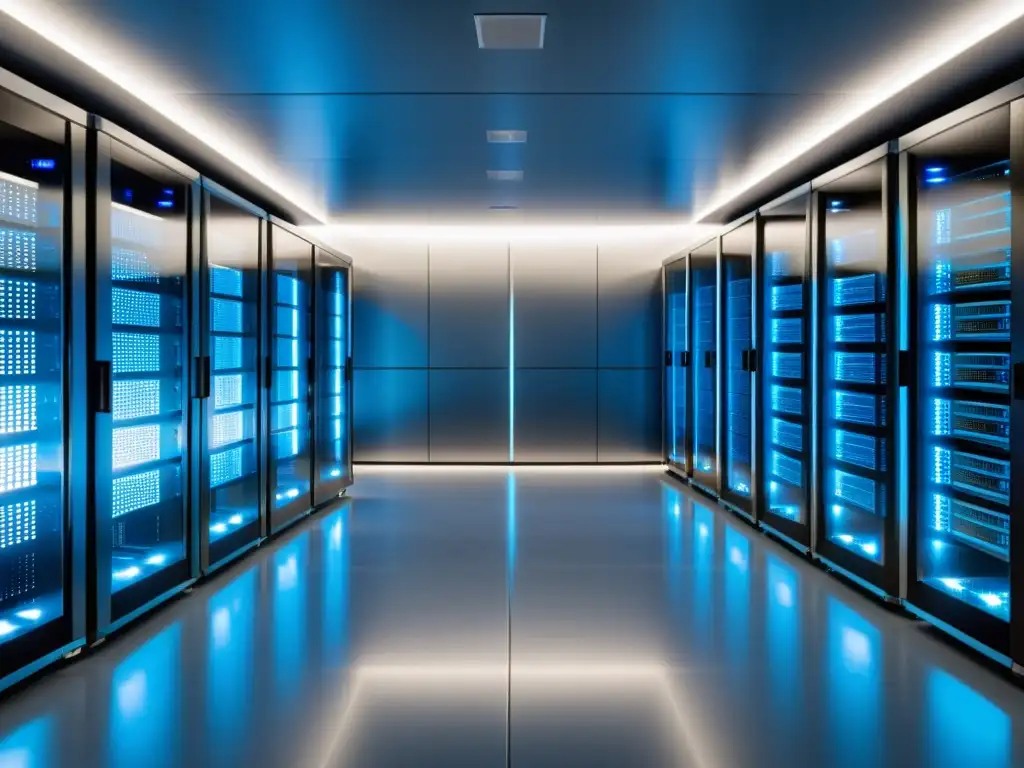 Sala de servidores de alta tecnología: orden y eficiencia Una sala de servidores moderna, ordenada y eficiente, con luces LED parpadeantes y una suave iluminación azul y blanca