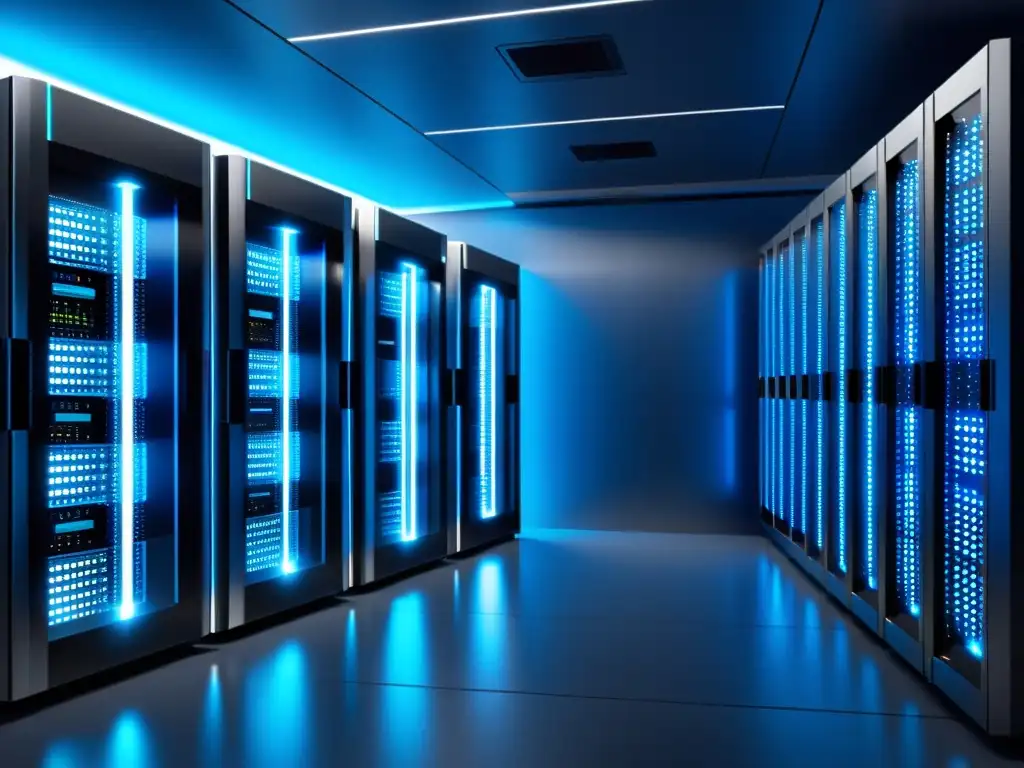 Centro de servidores futurista y eficiente Una sala de servidores ordenada y futurista con luces azules brillantes, cables plateados y una atmósfera profesional