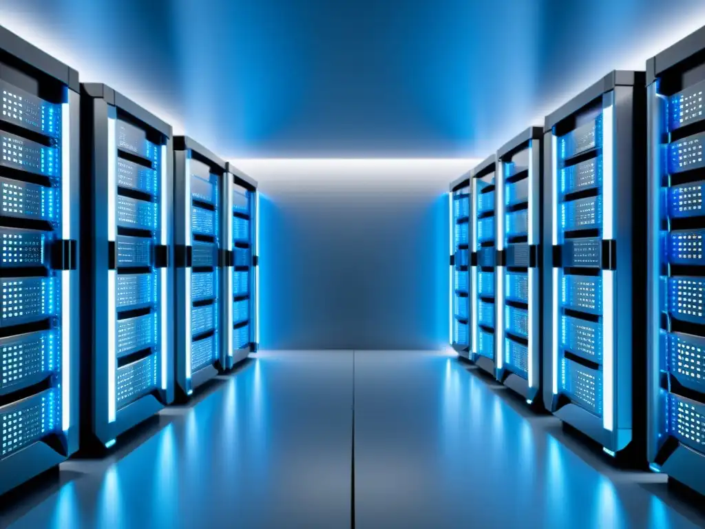 Granja de servidores en la nube: Futurista y eficiente Un servidor de nube futurista con plataformas de análisis predictivo en la nube, rodeado de estructuras metálicas y luces azules brillantes