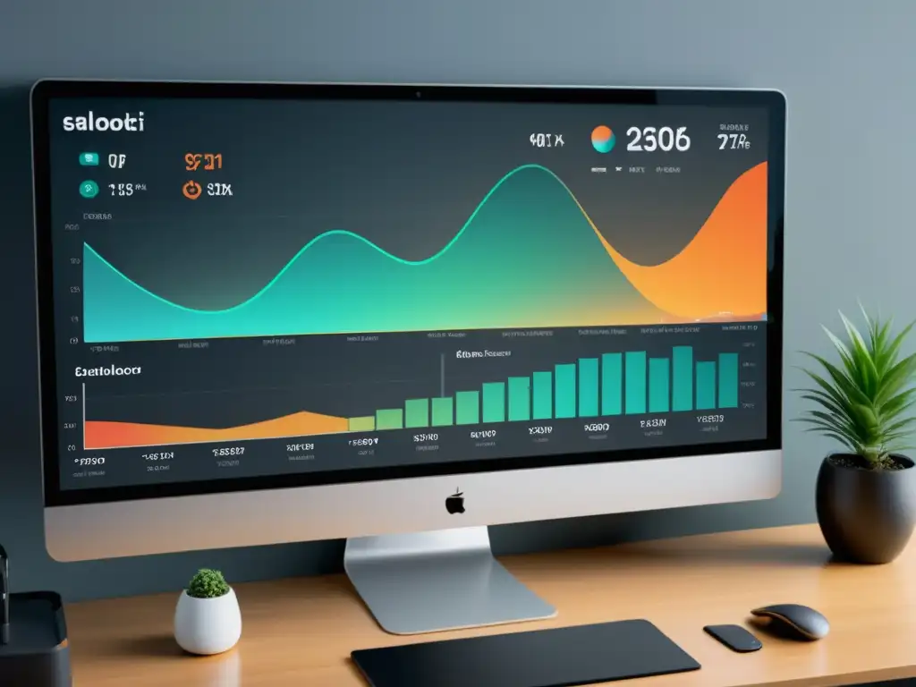Tablero de ventas futurista: análisis predictivo detallado en 8k Software de análisis predictivo de ventas en un entorno minimalista y futurista con visualizaciones de datos detalladas y elegantes