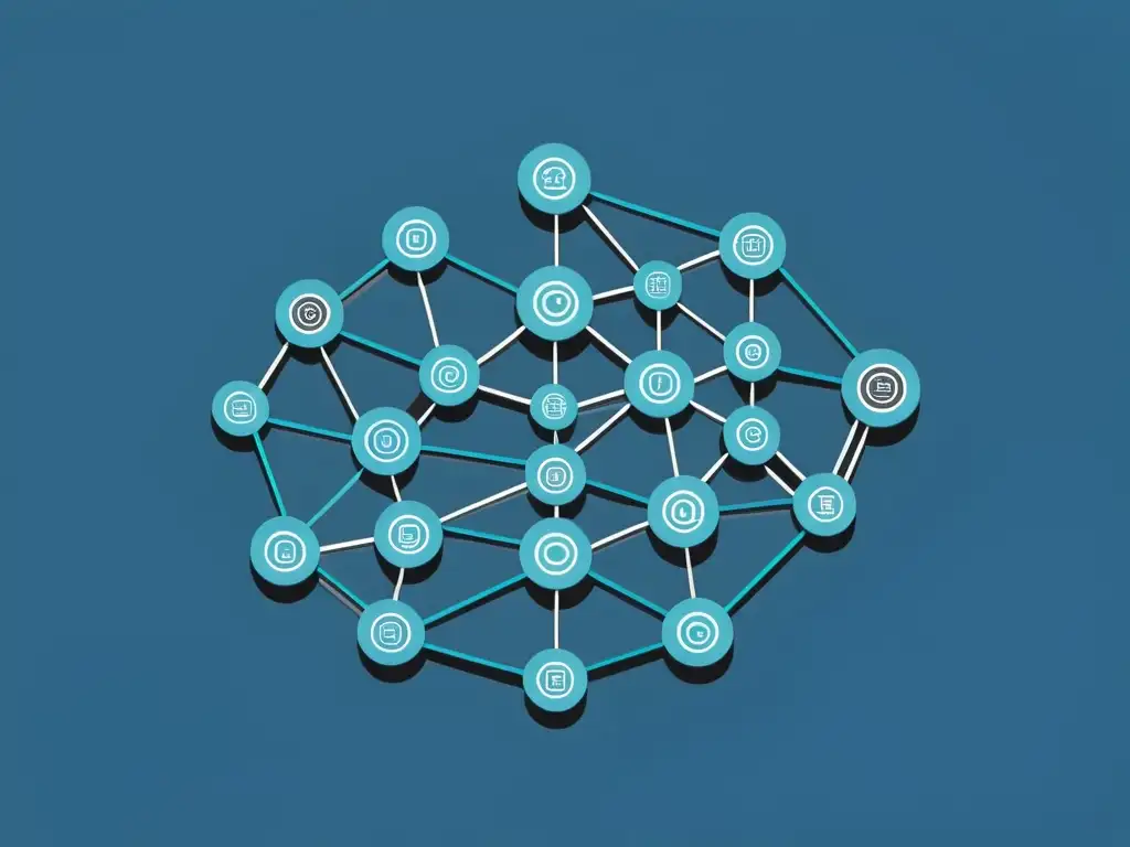 Red de identidad: software moderno y eficiente Software de Gestión de Identidades: Una red interconectada de nodos en una composición moderna y sofisticada, con líneas geométricas y toques de azul