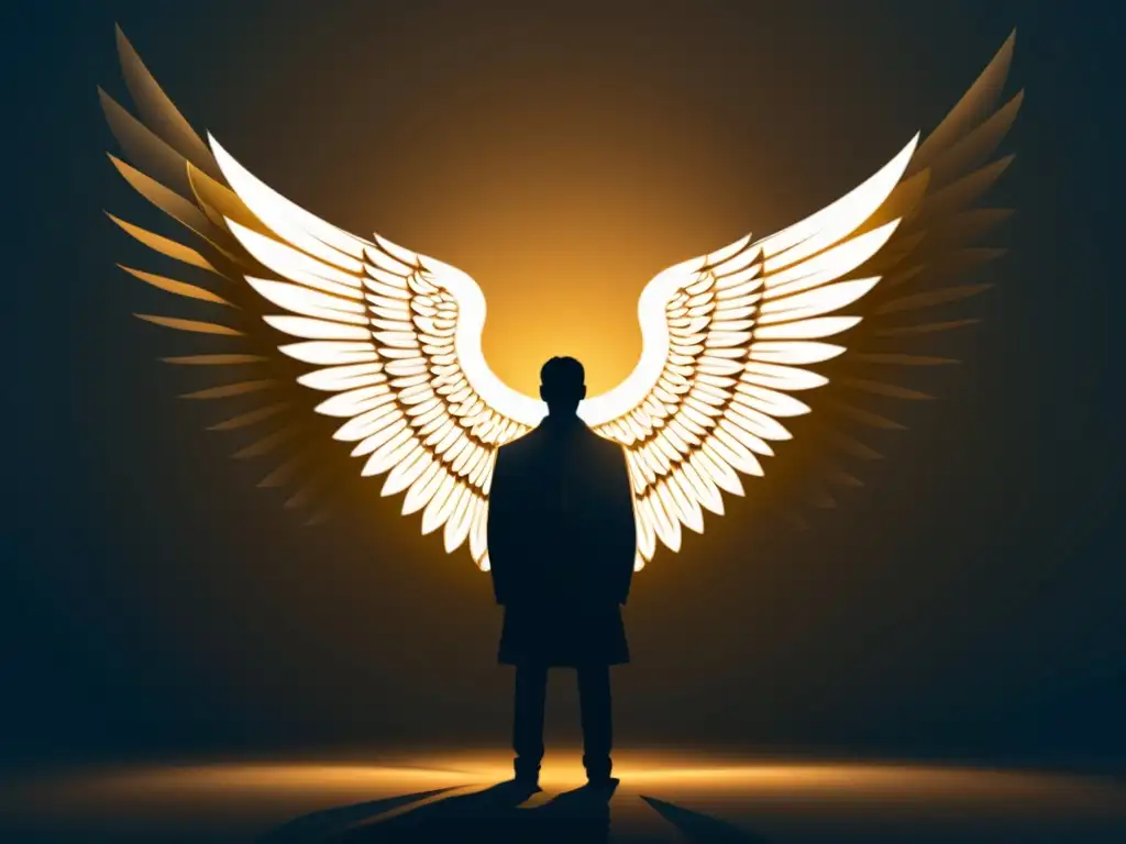 Guardián de identidad: protección sutil y poderosa Un ángel guardián en las sombras, con detalles intrincados en las alas, simbolizando el software gestión identidades menos conocido
