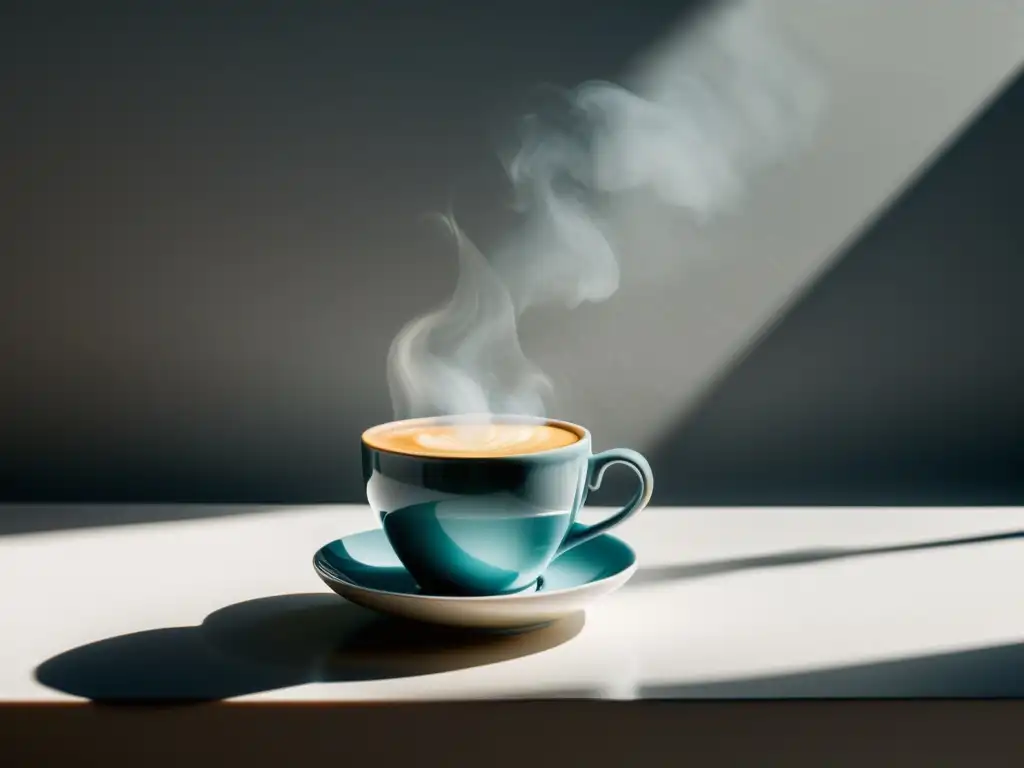 Taza de café Java en mesa blanca: serenidad y elegancia Una taza de café Java reposa sobre una mesa blanca, bañada por una suave luz natural