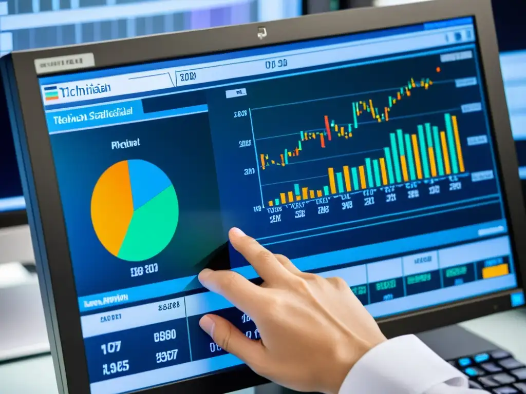 Análisis de calidad con Minitab: Precisión en Acción Un técnico utiliza el software Minitab en una pantalla moderna, mostrando gráficos estadísticos coloridos