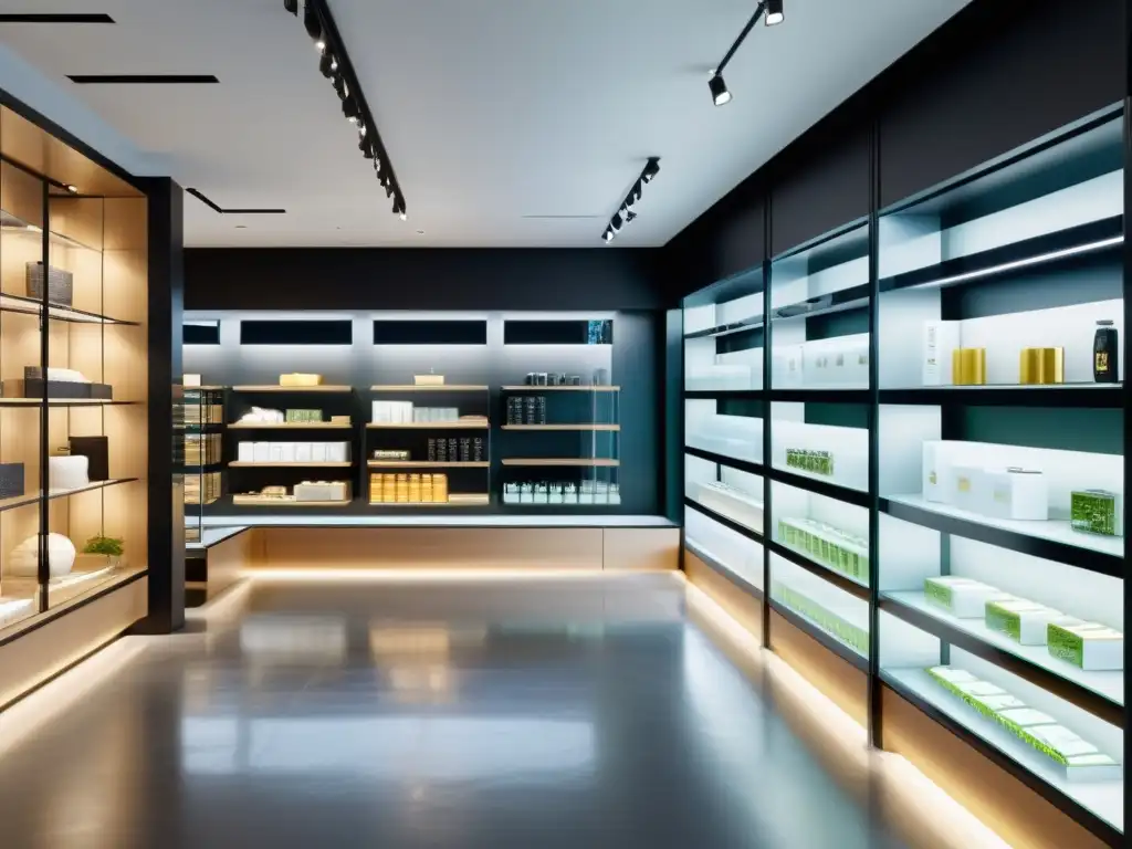 Tienda moderna y minimalista con diseño eficiente y productos elegantes Tienda con diseño eficiente y solución escalable para múltiples tiendas online, productos organizados en estantes modernos, bañados por luz natural