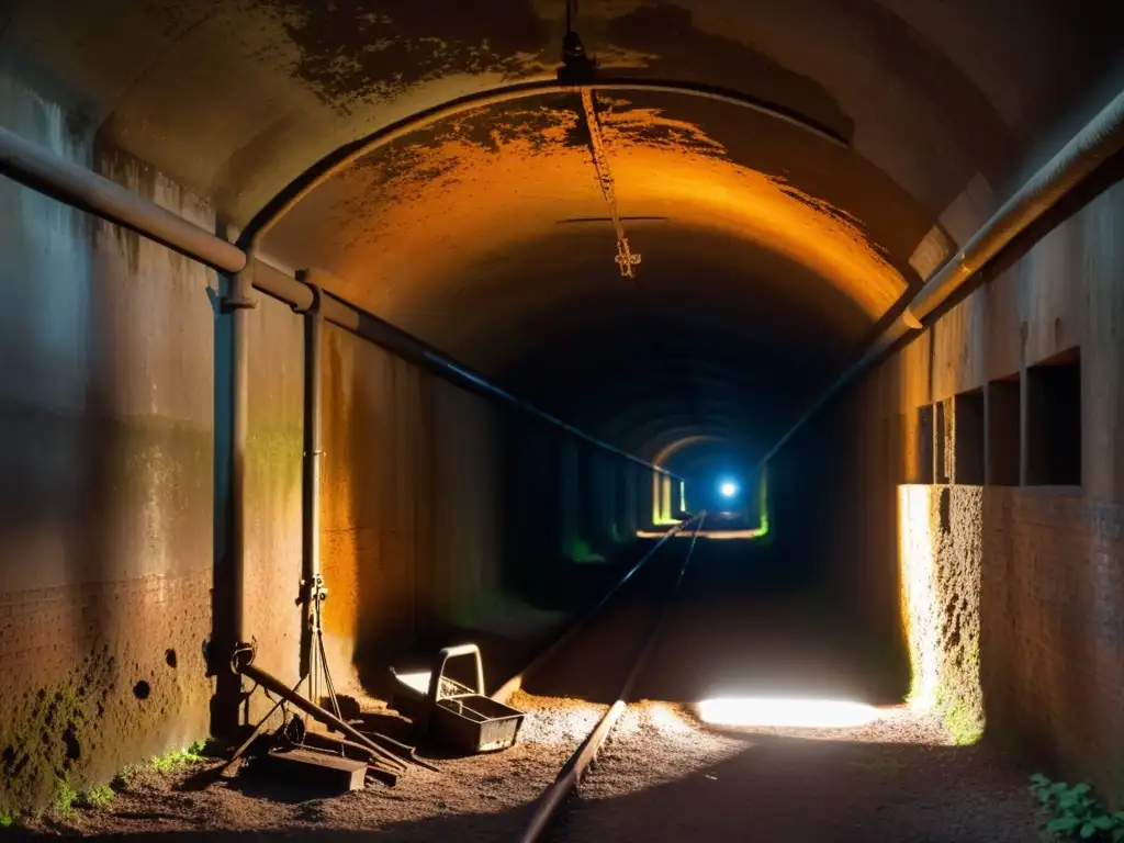 Misterio en la penumbra: herramientas oxidadas en túnel subterráneo Un túnel subterráneo con herramientas de edición de video menos conocidas, iluminado por una tenue luz, crea un ambiente misterioso y evocador