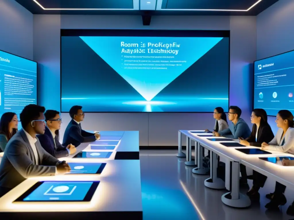 Aula futurista con tecnología de vanguardia Vista de aula futurista con software de análisis predictivo educativo en hologramas y estudiantes inmersos en tecnología