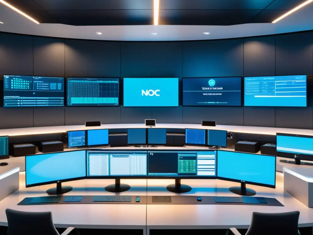 Centro de Operaciones de Red de Alta Tecnología Vista 8k de un centro de operaciones de red (NOC) moderno y elegante, con monitores iluminados que muestran datos en tiempo real