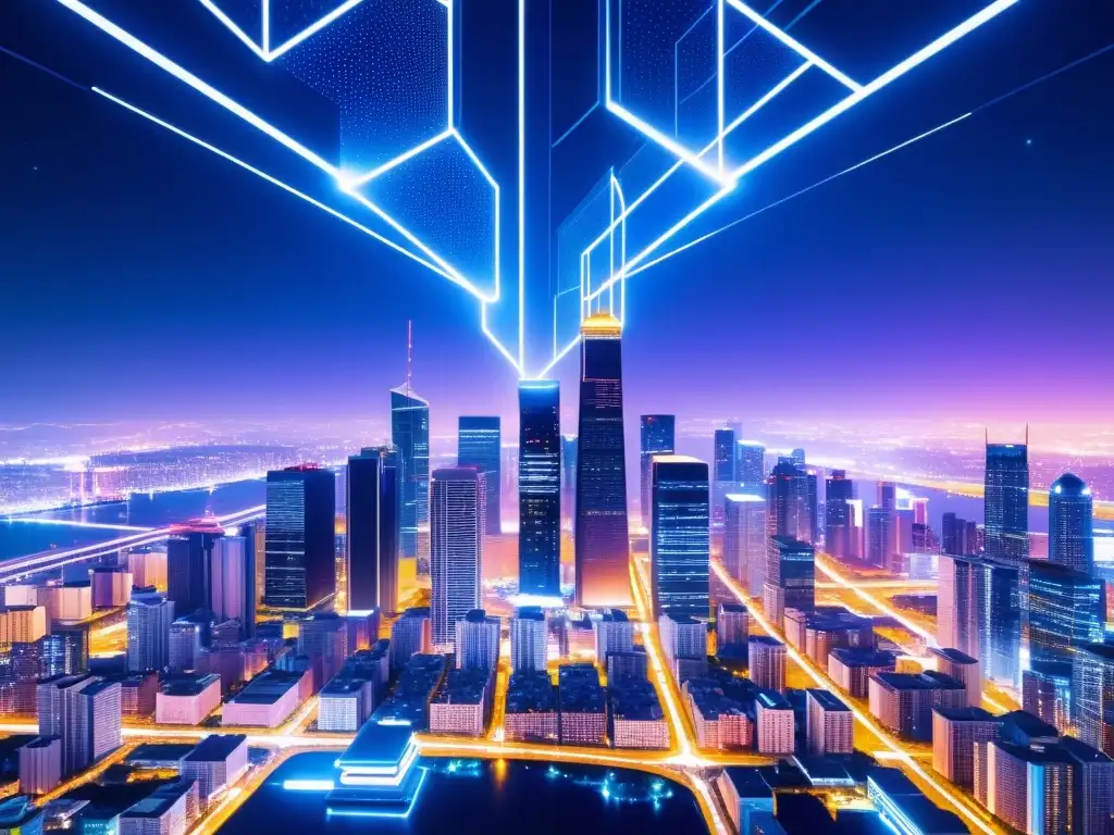 Futurista ciudad nocturna con tecnología blockchain e IoT Vista nocturna de una ciudad futurista con rascacielos iluminados, redes interconectadas y luces brillantes